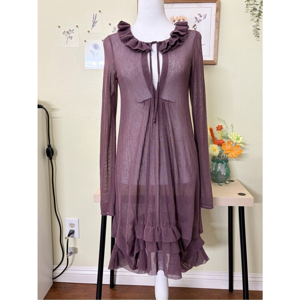 Cop.Copine Eluard Robe Dusty Plum Sheer Mesh Fairy Grunge Ruffle Tunic Dress